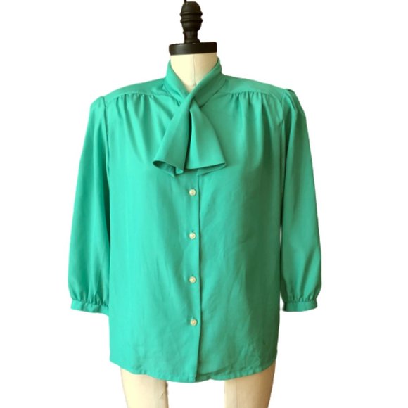 Vintage Turquoise Green PussyBow Blouse Chaus - Picture 2 of 16
